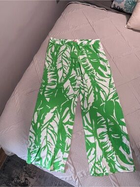 Lilly Pulitzer White & Bright Green Palm Print Wide-Leg Pants